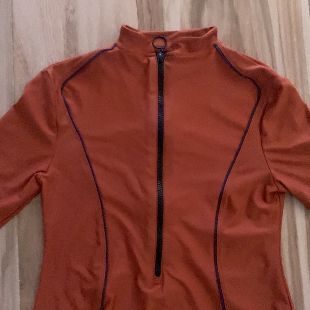 LYRA SWIM CREW NECK WHILE-PIECE SWIM SUIT ZIP FRONT PERSIMMON/BLACK SZ S
